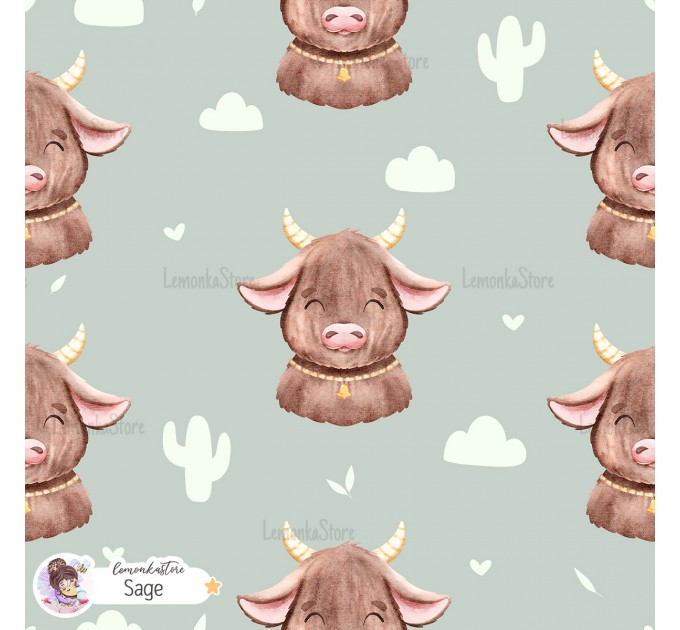 Highland Baby Cow seamless pattern - Sage