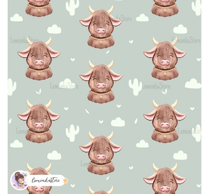 Highland Baby Cow seamless pattern - Sage