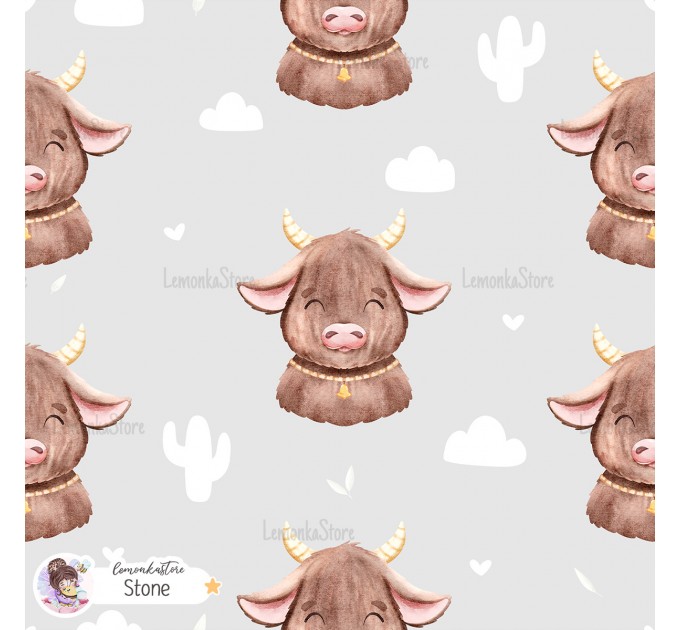 Highland Baby Cow seamless pattern - Stone