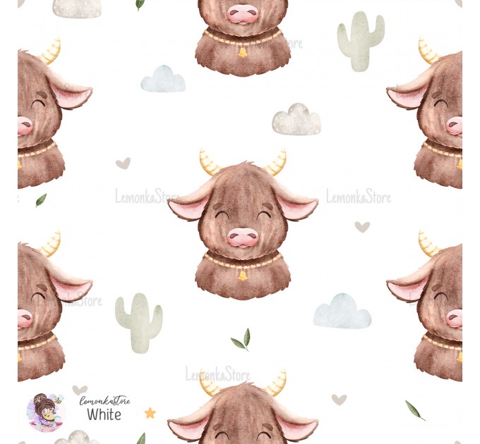 Highland Baby Cow seamless pattern - White