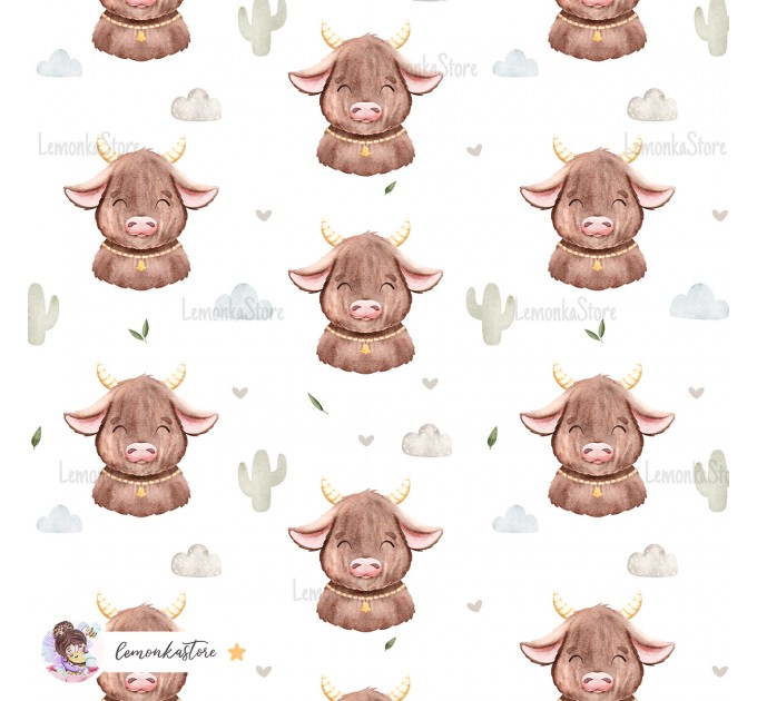 Highland Baby Cow seamless pattern - White