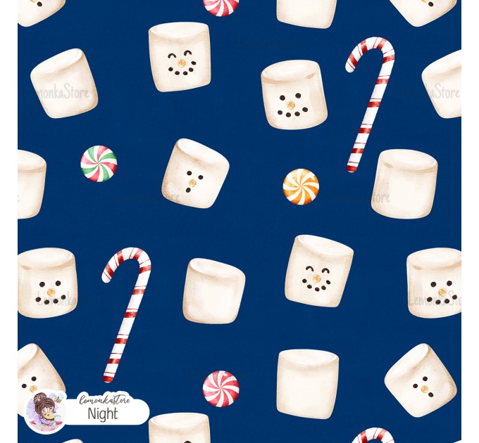 Marshmallow Snowman seamless pattern - Night