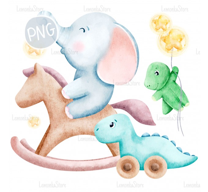 Little Elephant on wooder horse PNG ClipArt