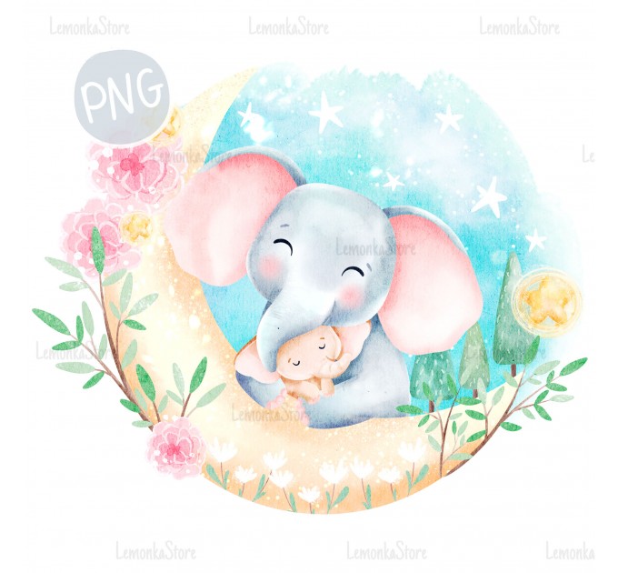 Little Elephant with mom PNG ClipArt