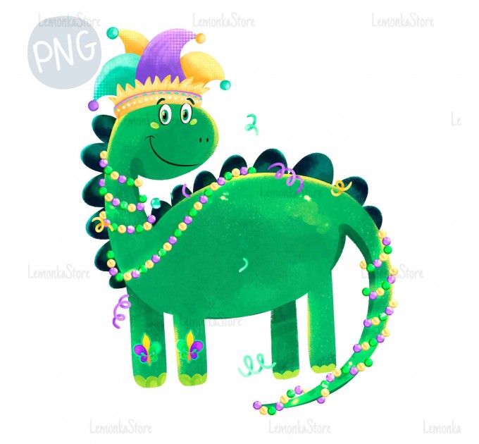 Mardi Gras Dinosaur in Jester hat PNG ClipArt