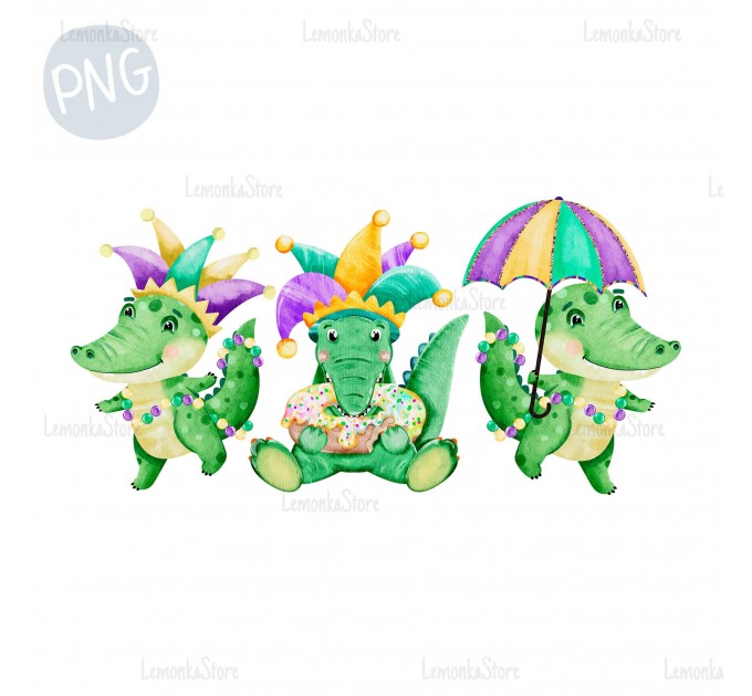 Mardi Gras Alligators trio PNG ClipArt