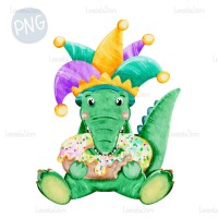 Mardi Gras Alligator with King Cake PNG ClipArt