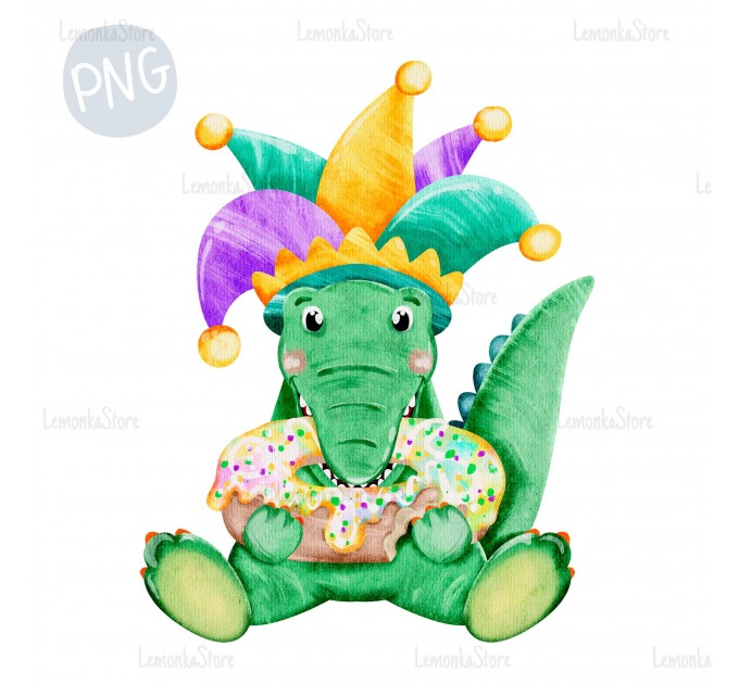 Mardi Gras Alligator with King Cake PNG ClipArt