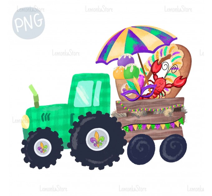 Mardi Gras Green Tractor with Crawfish PNG ClipArt