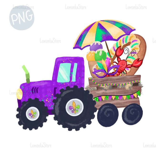 Mardi Gras Purple Tractor with Crawfish PNG ClipArt