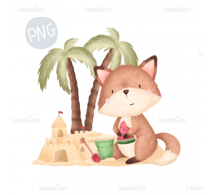 Little Fox with sand castle PNG Clipart